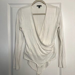 J Crew Mercantile Cream Long Sleeve Wrap V Neck Plunge Bodysuit Size Small